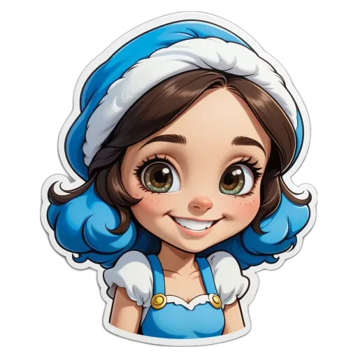 A girl with a blue dress is smiling.