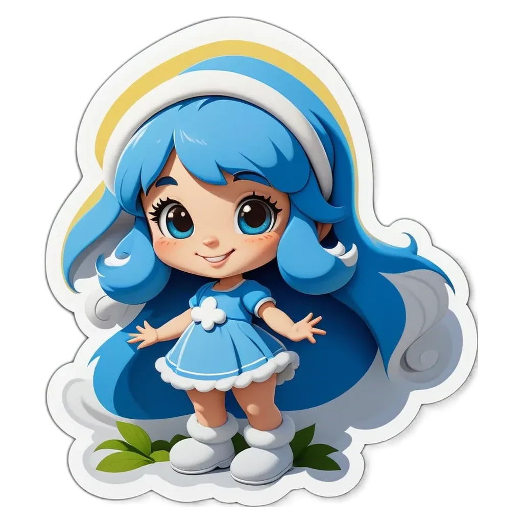 A blue and white girl sticker is on a black background.
