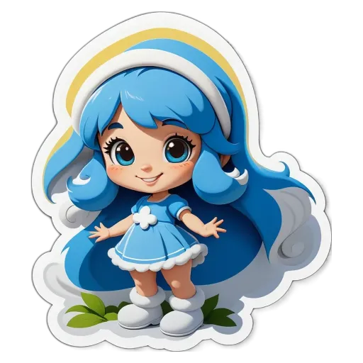 A blue and white girl sticker is on a black background.