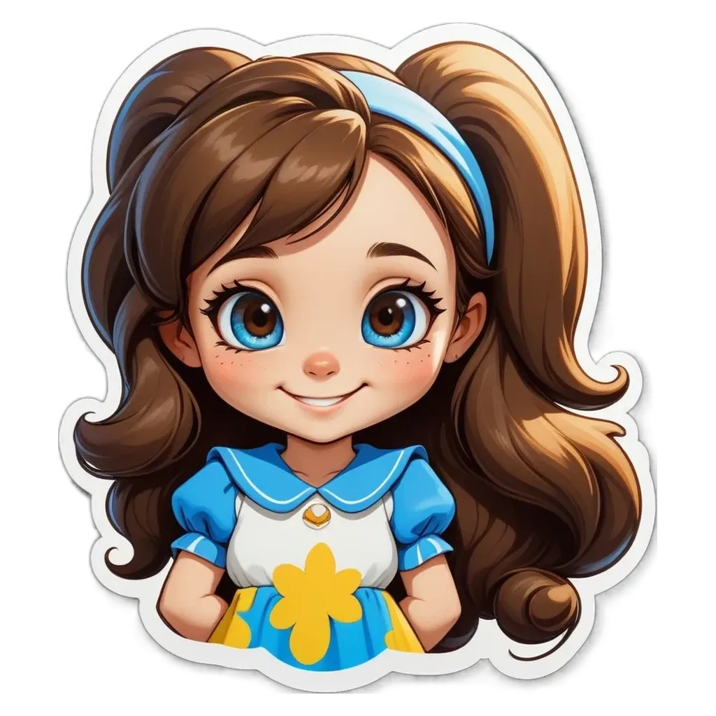 A girl with blue eyes and a blue dress with a yellow flower on it.