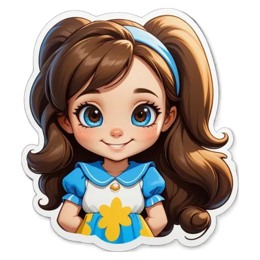 A girl with blue eyes and a blue dress with a yellow flower on it.