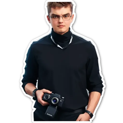 A man wearing a black shirt and holding a camera.