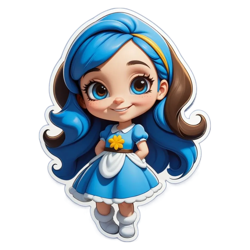 A blue haired girl wearing a flowery blue dress.