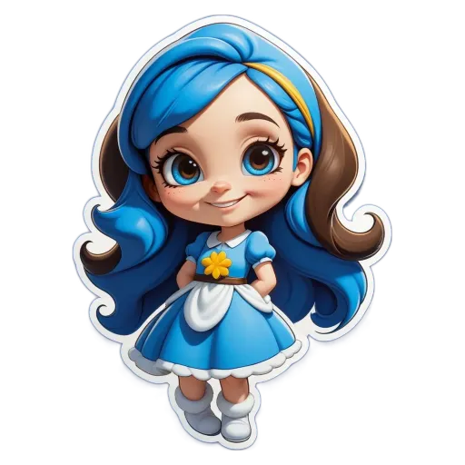 A blue haired girl wearing a flowery blue dress.