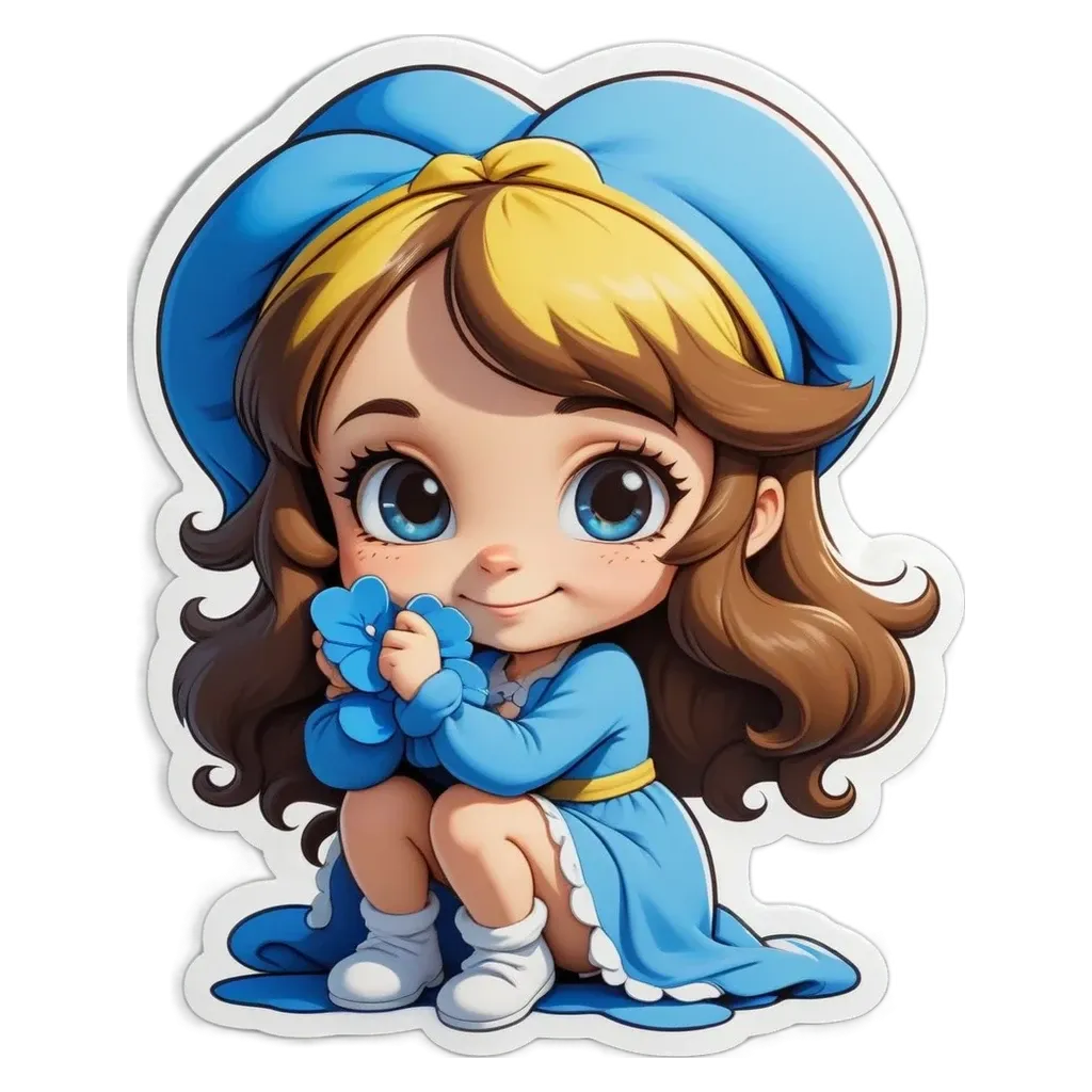 A blue and yellow cartoon girl holding a flower is shown on a black background.
