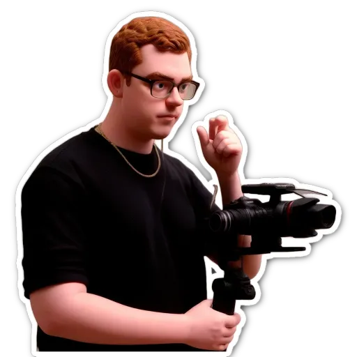 A young man wearing black tshirt and glasses holding a camera.