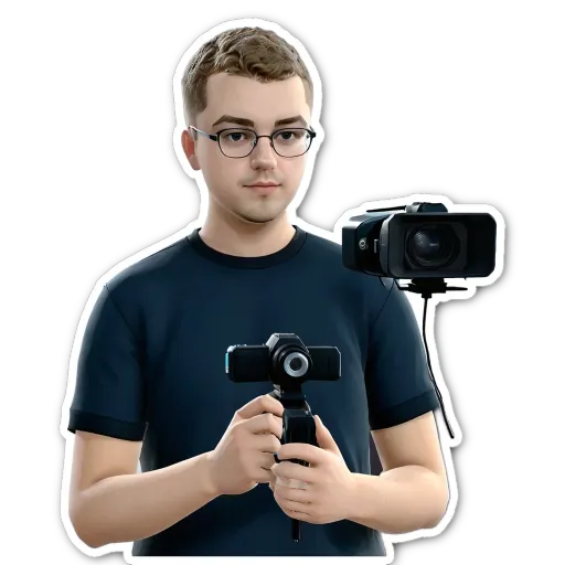 A man wearing black is holding a camera and a stabilizer.