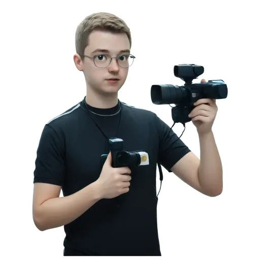 A young man wearing glasses holds two video cameras.