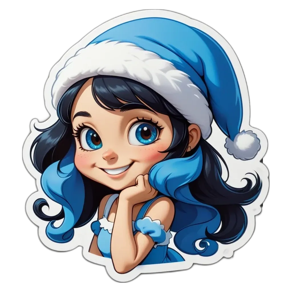 A girl is wearing a blue hat and a dress.