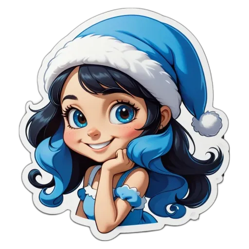 A girl is wearing a blue hat and a dress.