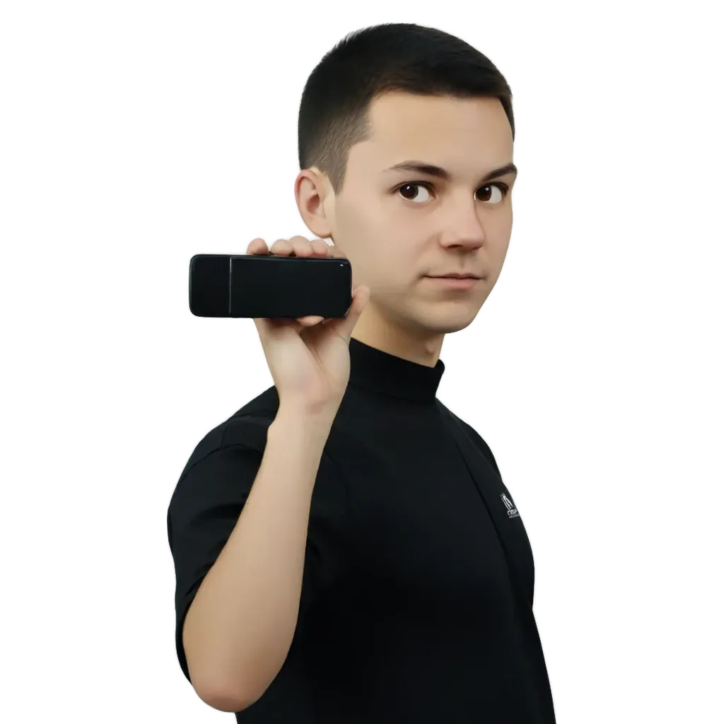 A boy with a black phone in his hand.