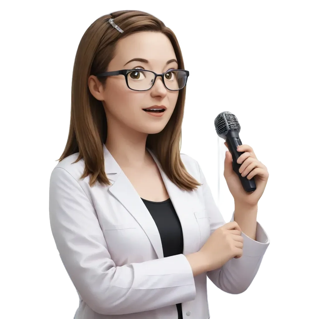 A woman wearing glasses and a white jacket holding a microphone.