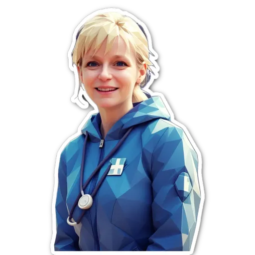 A blue patch is on the jacket of a woman.