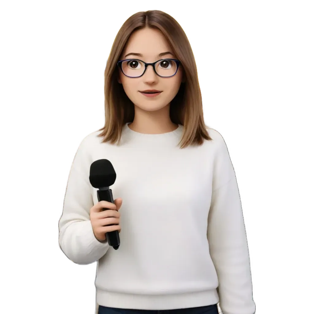 A girl holding a microphone wearing glasses.