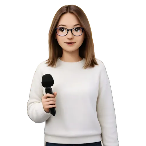 A girl holding a microphone wearing glasses.