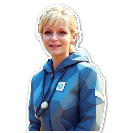 A woman wearing a blue jacket with a patch on the front.
