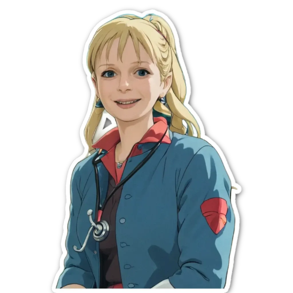 A sticker of a woman with a stethoscope and a red shield on her jacket.