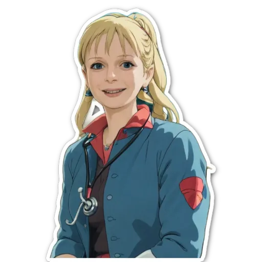 A sticker of a woman with a stethoscope and a red shield on her jacket.