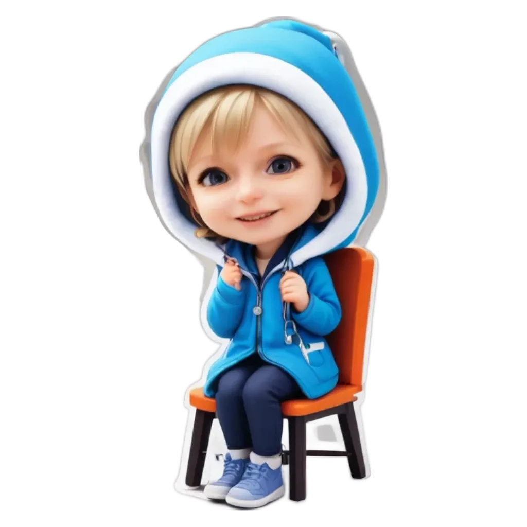 A cartoonish photo of a child wearing a blue jacket and sitting in an orange chair.