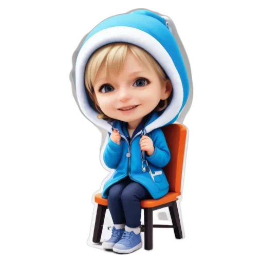 A cartoonish photo of a child wearing a blue jacket and sitting in an orange chair.