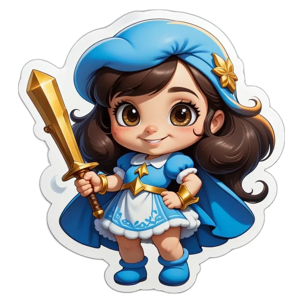 A girl with a sword that is blue and gold.