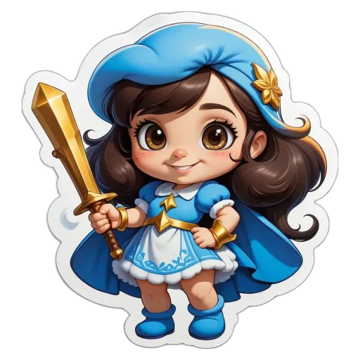 A girl with a sword that is blue and gold.