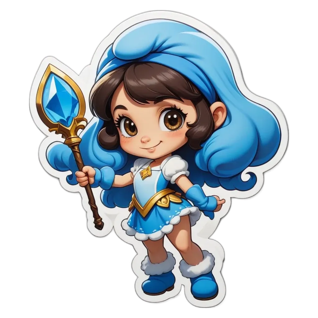 A girl holding a blue crystal wand in a cartoonish drawing.