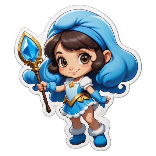 A girl holding a blue crystal wand in a cartoonish drawing.