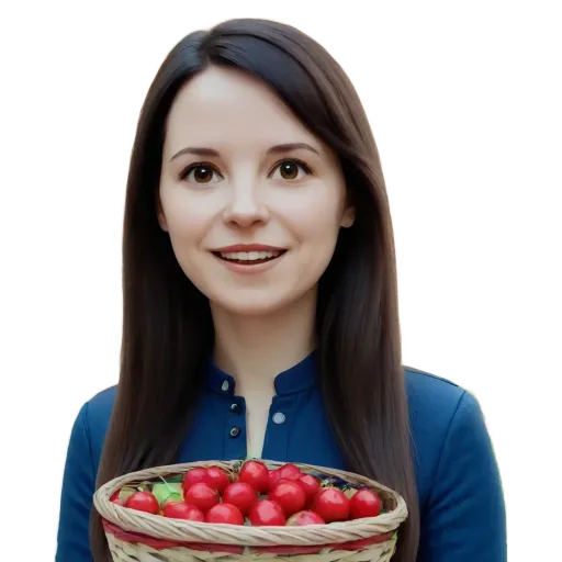 A girl holding a bowl of cherries is shown.