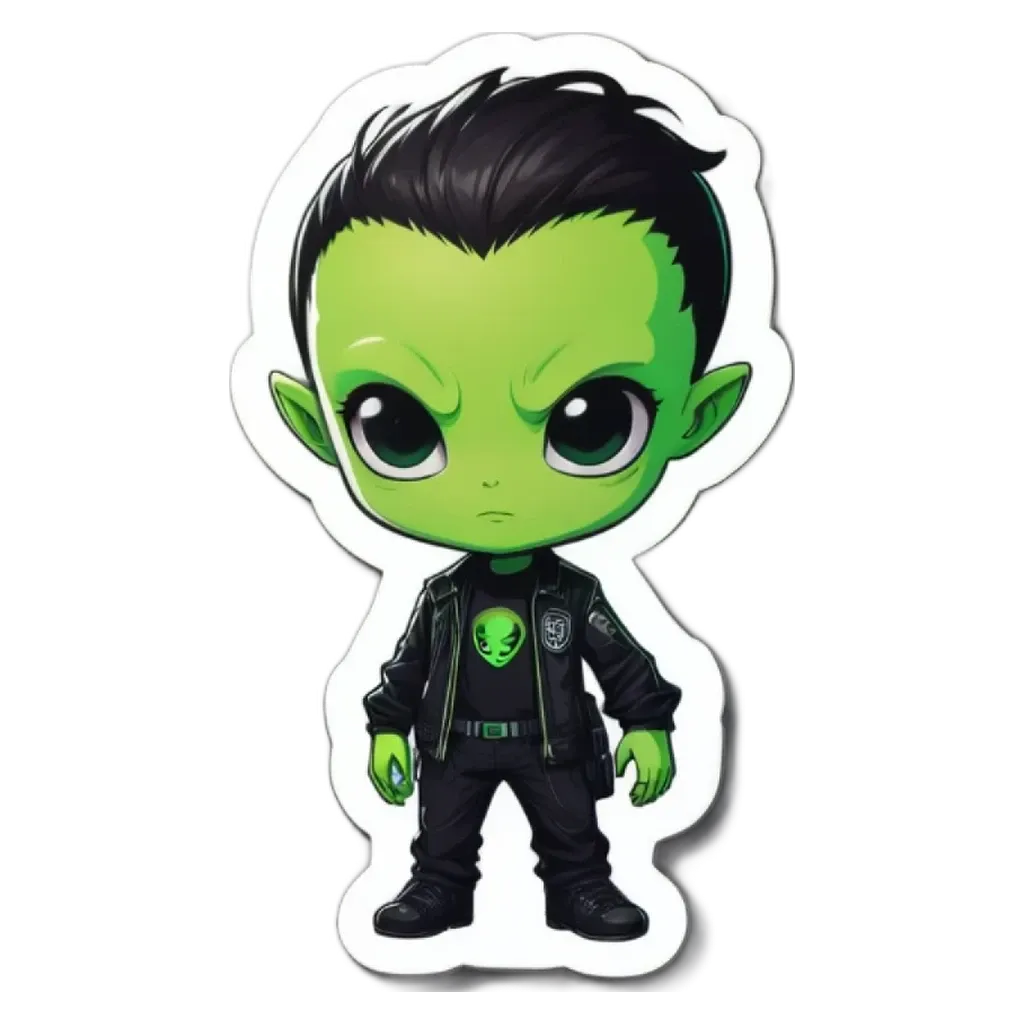 A green alien is standing with his arms crossed and looking at the camera.