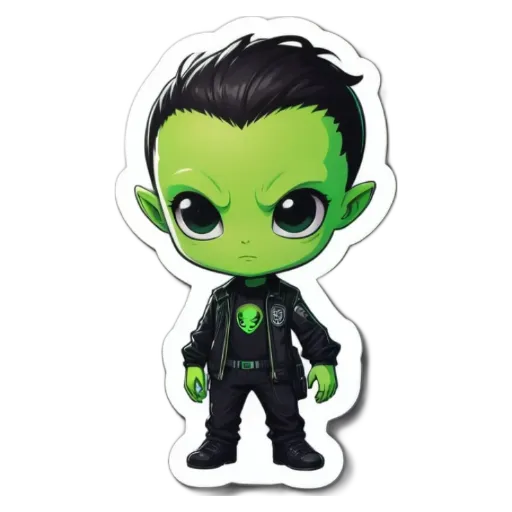 A green alien is standing with his arms crossed and looking at the camera.
