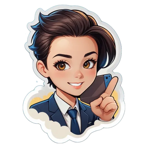 A boy wearing a suit and tie pointing at his cell phone.