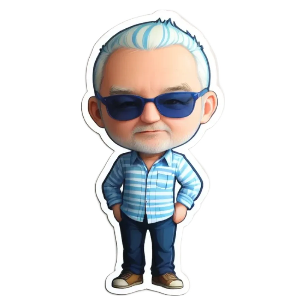 A sticker of a man wearing sunglasses and a striped shirt.