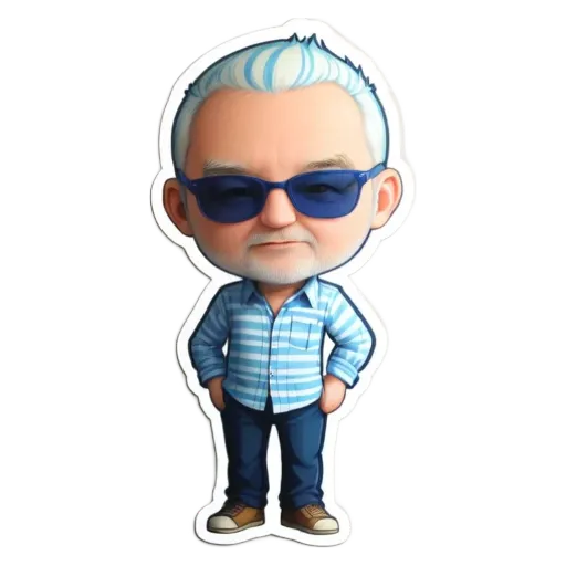 A sticker of a man wearing sunglasses and a striped shirt.