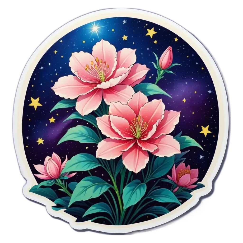 A flower with stars around it is in the center of a circle.