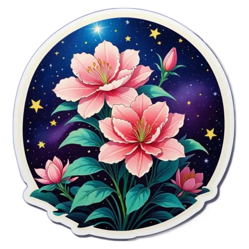 A flower with stars around it is in the center of a circle.