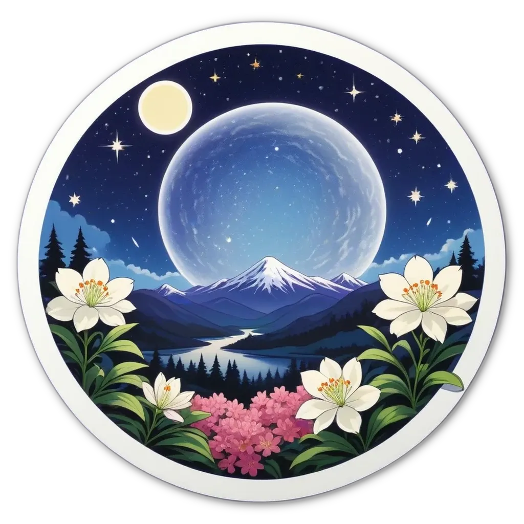 A round drawing of a flowery landscape with a large full moon in the middle.