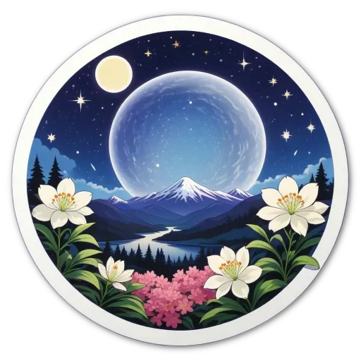 A round drawing of a flowery landscape with a large full moon in the middle.