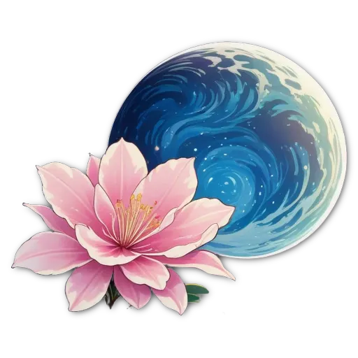 A flower and a full moon are on a black background.