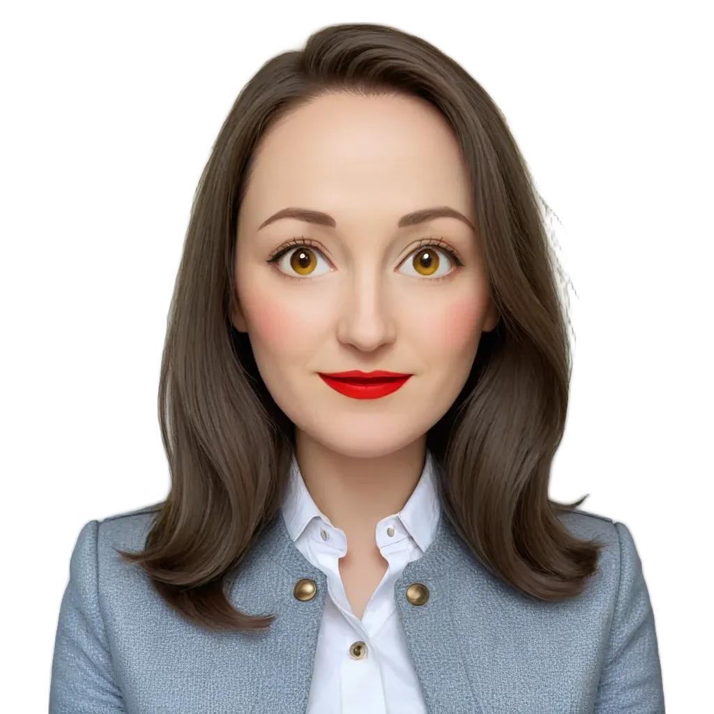 A woman with red lipstick is wearing a white button-down shirt.