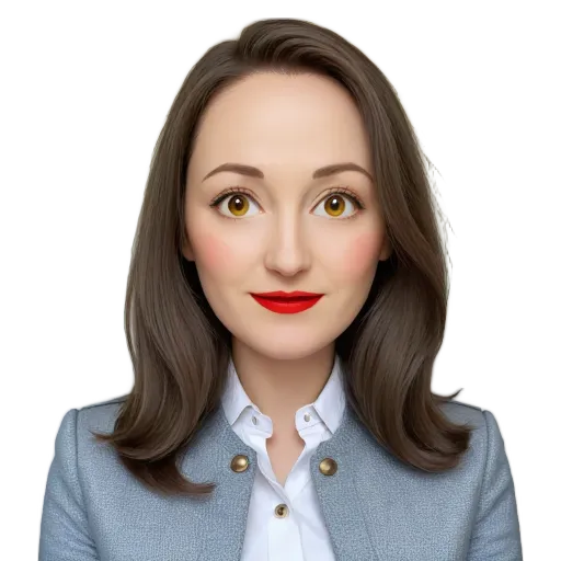 A woman with red lipstick is wearing a white button-down shirt.