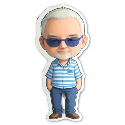 A cartoonish man wearing sunglasses and a striped shirt.