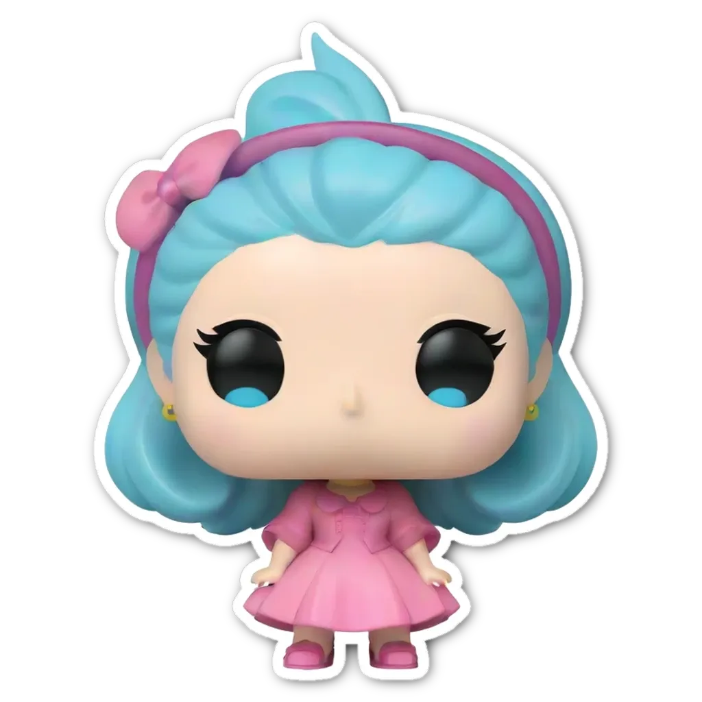 A cartoon pop up picture of a blue girl wearing a pink dress.