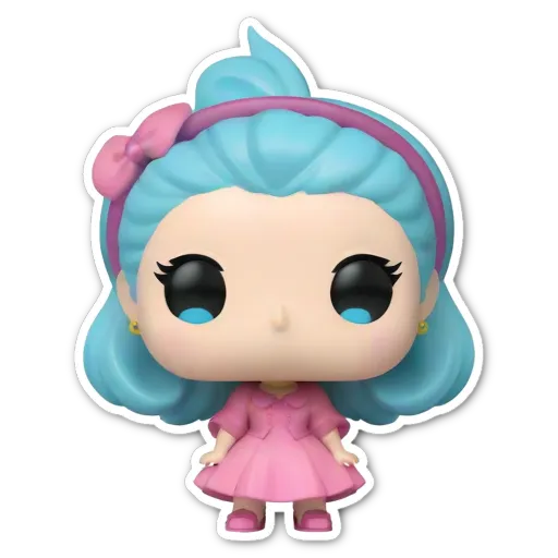 A cartoon pop up picture of a blue girl wearing a pink dress.