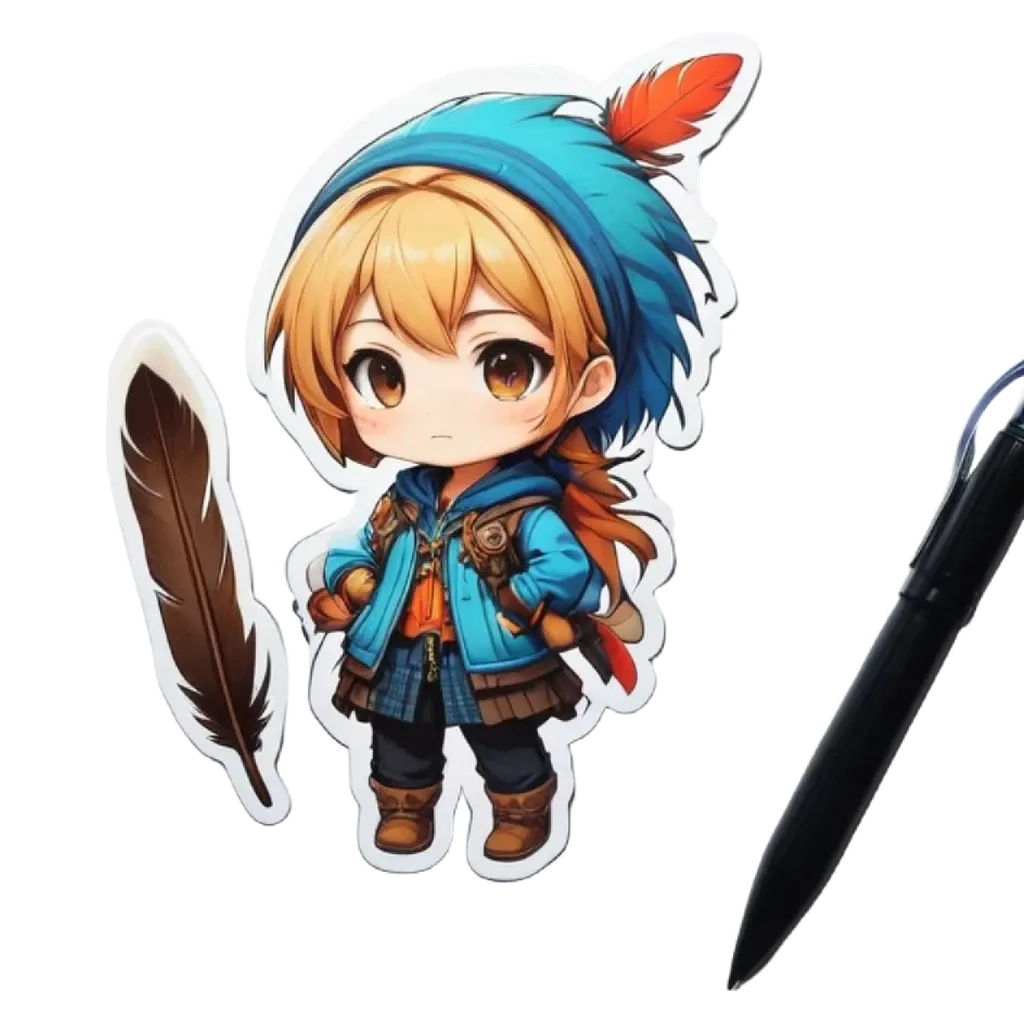 A boy is holding a feather and a pen with a sticker that has a boy with a sword.