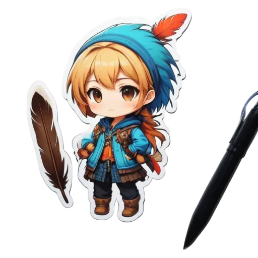 A boy is holding a feather and a pen with a sticker that has a boy with a sword.
