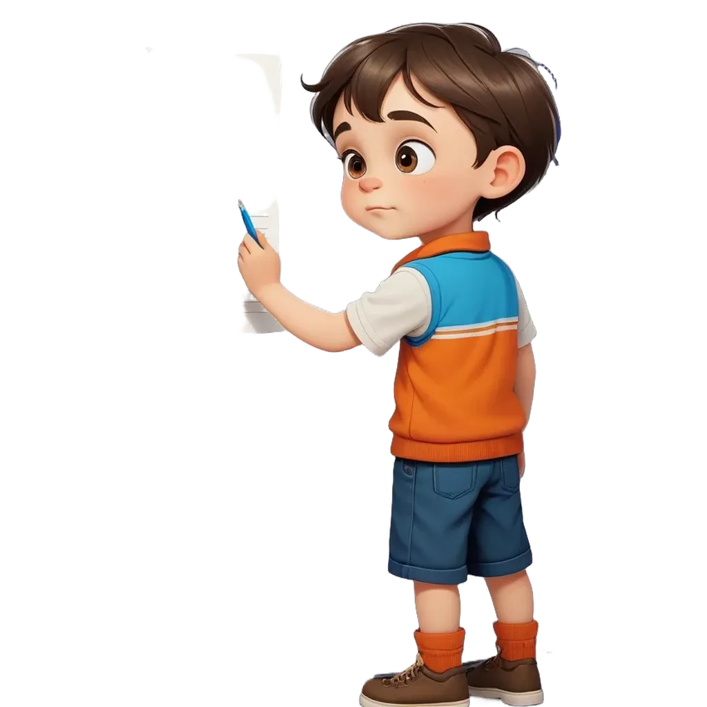 A boy holding a piece of paper and a pen.