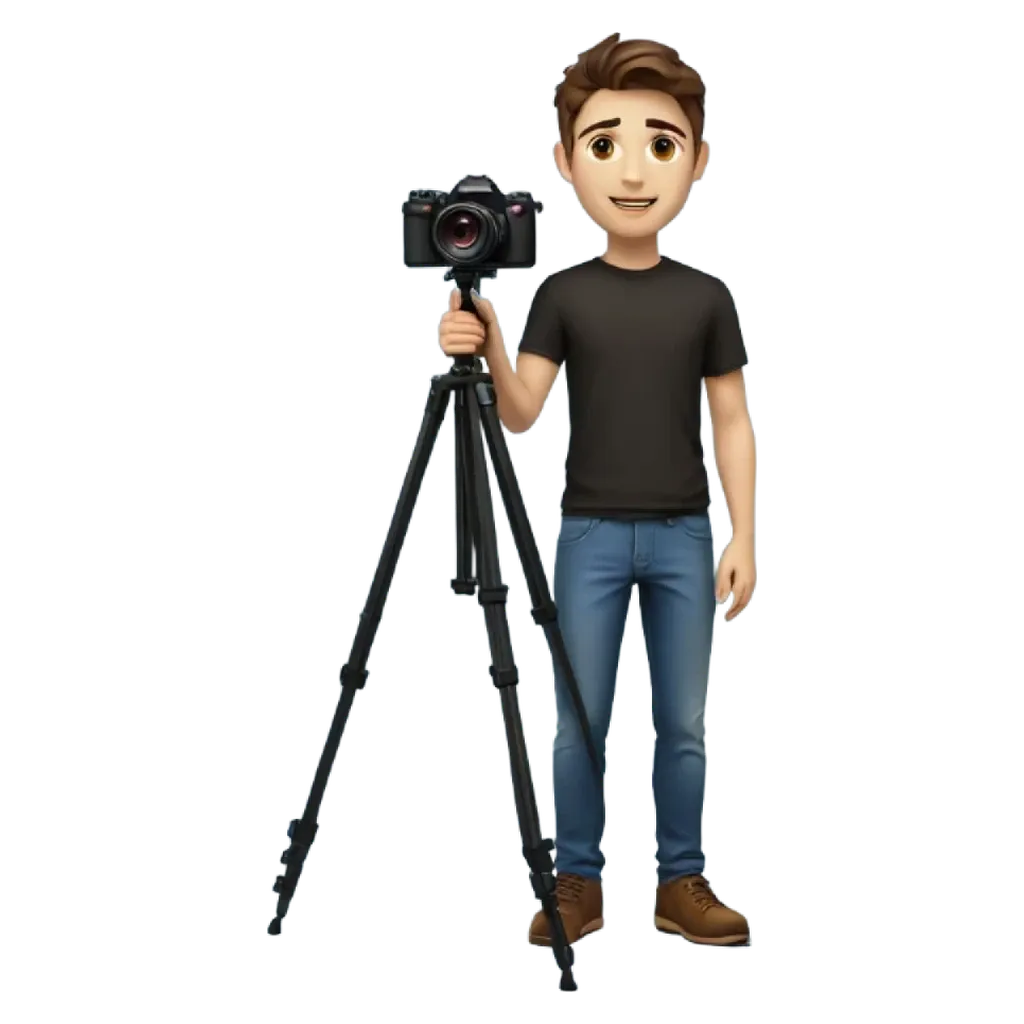 A young man holding a camera on a tripod.