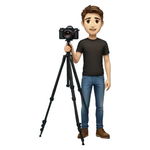 A young man holding a camera on a tripod.