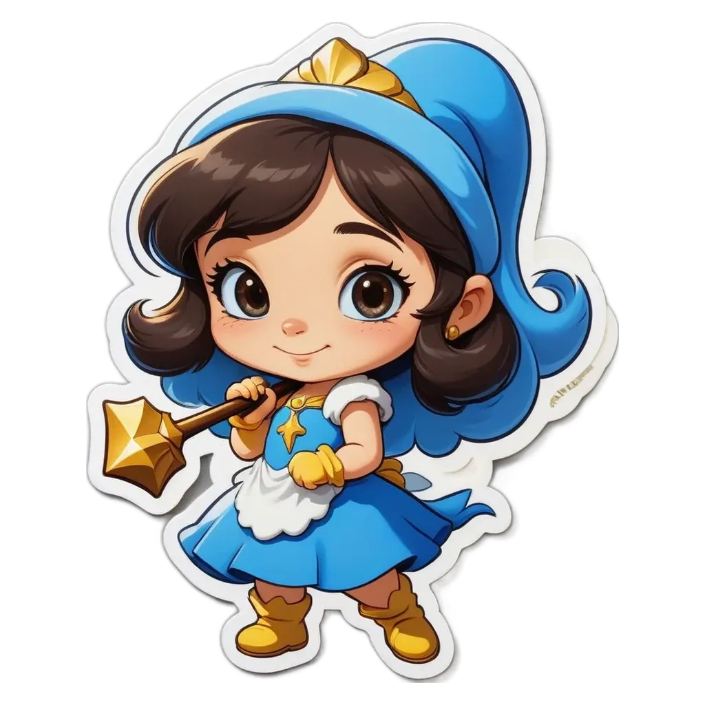 A girl with a blue dress holding a magic staff.
